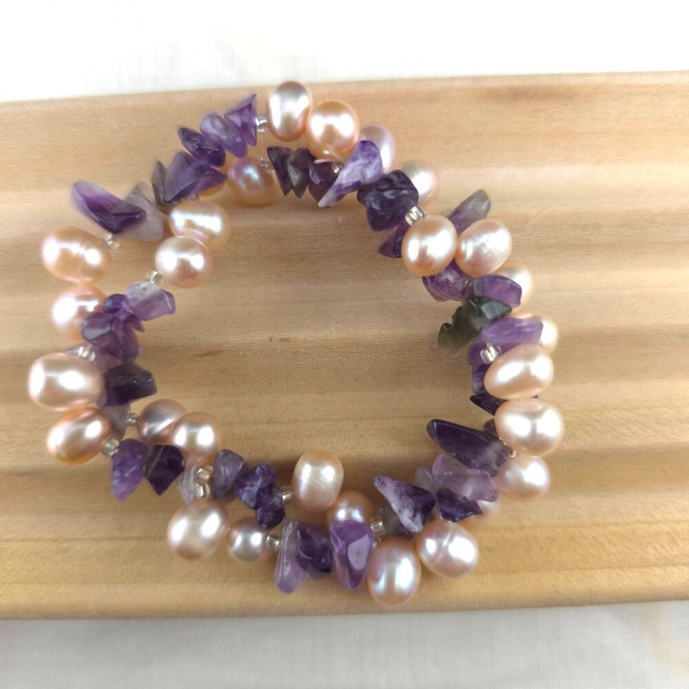 Amethyst & Freshwater Pearl Stretch Bracelet - Purple & Pink Beaded - Picture 5 of 7